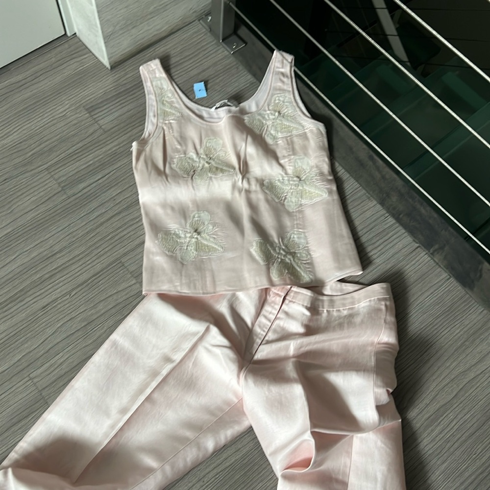 Magaschoni Pale Pink Embellished Silk Tank & Pants Set